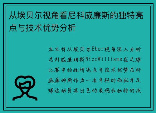 从埃贝尔视角看尼科威廉斯的独特亮点与技术优势分析