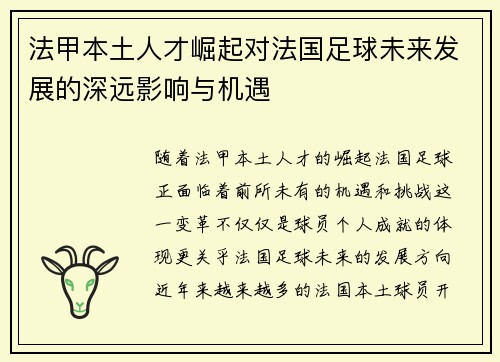 法甲本土人才崛起对法国足球未来发展的深远影响与机遇